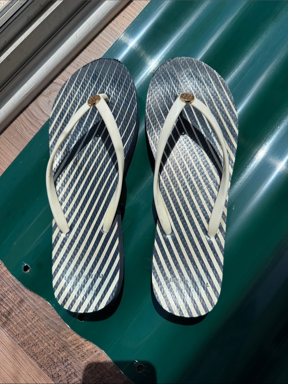 Tory Burch Navy & Cream Striped Logo Flip Flops